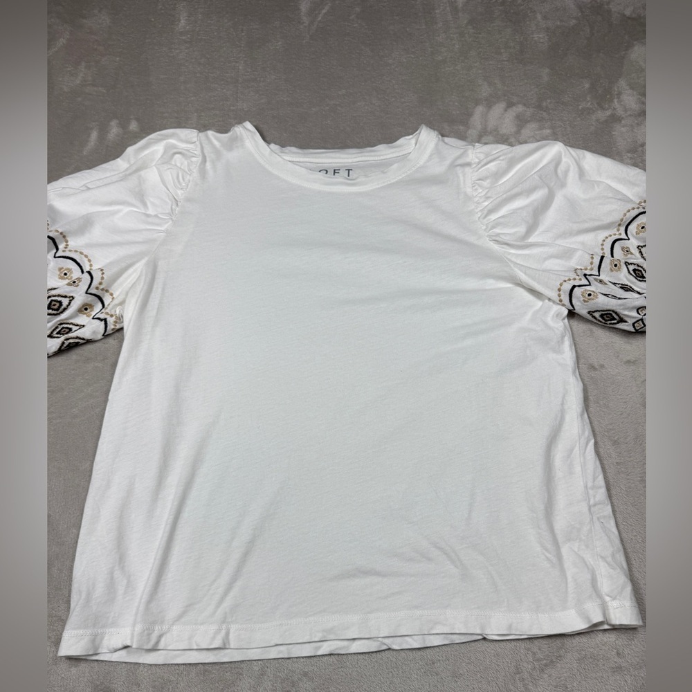 LOFT Embroidered Balloon Sleeve Top White 100% Cotton Lightweight Blouse Size MP - Picture 6 of 15